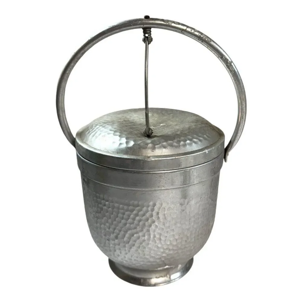 Vintage MCM Modern Nasco Italy Hammered Aluminum Ice Bucket With Lid & Handle